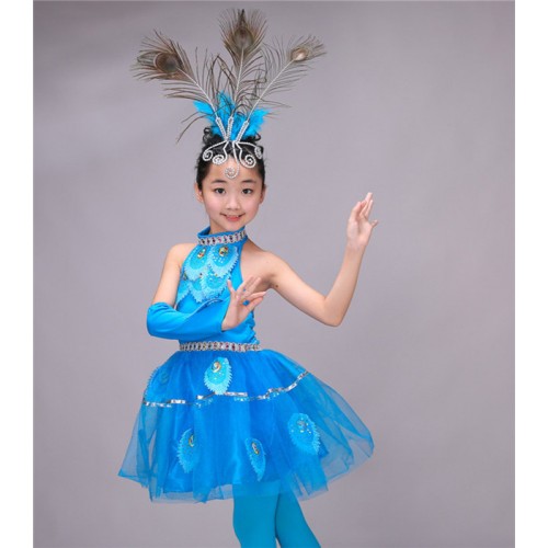 Turquoise Children Girls Chinese Costumes Kids Halter Peacock Dance Ethnic chinese folk Costumes Stage Dancewear dresses